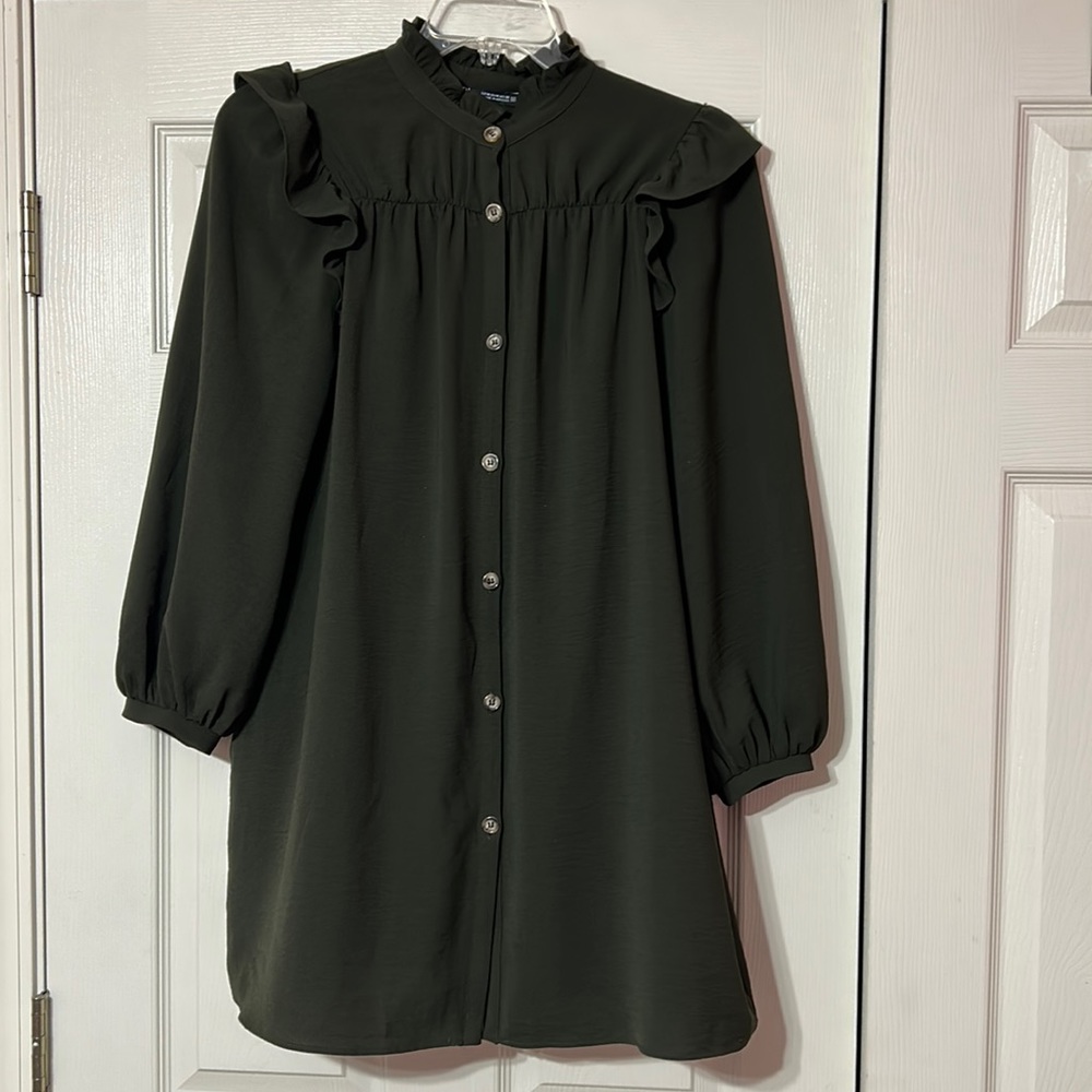 ZARA Women’s Olive Green Ruffle High  Neck Mini Dress Size M - Picture 3 of 7
